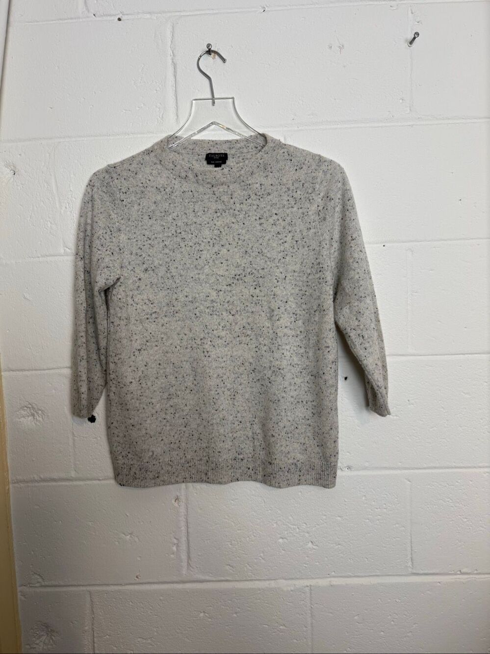 Talbots Petites 100% Cashmere Sweater LP Gray Black Flecked Crewneck 3/4 Sleeve